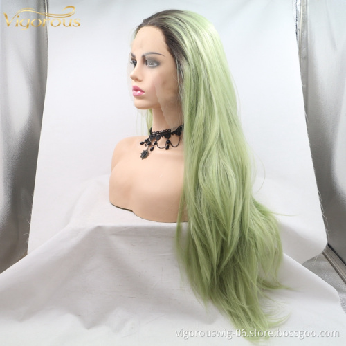 Women's Ombre Green Color 13x3 Lace Front Wigs Long Natural Straight Black To Green Synthetic Wig With Middle Part Ladies Wigs